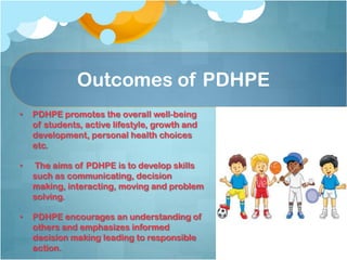 Outcomes of PDHPE
• PDHPE promotes the overall well-being
of students, active lifestyle, growth and
development, personal health choices
etc.
• The aims of PDHPE is to develop skills
such as communicating, decision
making, interacting, moving and problem
solving.
• PDHPE encourages an understanding of
others and emphasizes informed
decision making leading to responsible
action.
 