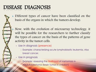 DISEASE DIAGNOSIS
 Different types of cancer have been classified on the
basis of the organs in which the tumors develop.
 Now, with the evolution of microarray technology, it
will be possible for the researchers to further classify
the types of cancer on the basis of the patterns of gene
activity in the tumor cells.
• Use in diagnosis (presence)
• Example: characterizing acute lymphoblastic leukemia. Also
breast cancer.
• Use in prognosis
• Example: assessing the likelihood of metastasis in
medulloblastoma (brain tumor in children)
 