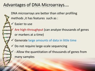 Advantages of DNA Microarrays.…
DNA microarrays are better than other profiling
methods ,it has features such as :
 Easier to use
 Are high-throughput (can analyze thousands of genes
or markers at a time)
 Generate large amounts of data in little time
 Do not require large-scale sequencing
 - Allow the quantitation of thousands of genes from
many samples
 