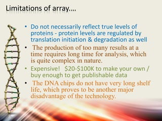 Limitations of array.…
• Do not necessarily reflect true levels of
proteins - protein levels are regulated by
translation initiation & degradation as well
• The production of too many results at a
time requires long time for analysis, which
is quite complex in nature.
• Expensive! $20-$100K to make your own /
buy enough to get publishable data
• The DNA chips do not have very long shelf
life, which proves to be another major
disadvantage of the technology.
 