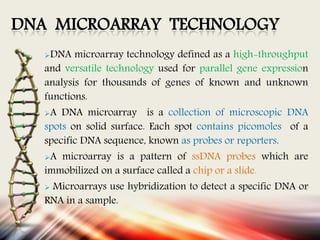 DNA MICROARRAY TECHNOLOGY
DNA microarray technology defined as a high-throughput
and versatile technology used for parallel gene expression
analysis for thousands of genes of known and unknown
functions.
A DNA microarray is a collection of microscopic DNA
spots on solid surface. Each spot contains picomoles of a
specific DNA sequence, known as probes or reporters.
A microarray is a pattern of ssDNA probes which are
immobilized on a surface called a chip or a slide.
 Microarrays use hybridization to detect a specific DNA or
RNA in a sample.
 