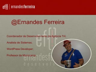 @Ernandes Ferreira
Coordenador de Desenvolvimento da Agência Trii;
Analista de Sistemas;
WordPress Developer;
Professor da Microcamp;
 