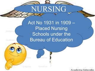 NURSING
Act No 1931 in 1909 –
Placed Nursing
Schools under the
Bureau of Education
 