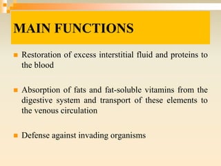 MAIN FUNCTIONS
 Restoration of excess interstitial fluid and proteins to
the blood
 Absorption of fats and fat-soluble vitamins from the
digestive system and transport of these elements to
the venous circulation
 Defense against invading organisms
 