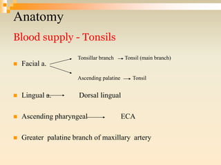 Anatomy
Blood supply - Tonsils
 Facial a.
 Lingual a. Dorsal lingual
 Ascending pharyngeal ECA
 Greater palatine branch of maxillary artery
Tonsillar branch Tonsil (main branch)
Ascending palatine Tonsil
 