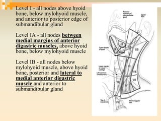 Level I - all nodes above hyoid
bone, below mylohyoid muscle,
and anterior to posterior edge of
submandibular gland
Level IA - all nodes between
medial margins of anterior
digastric muscles, above hyoid
bone, below mylohyoid muscle
Level IB - all nodes below
mylohyoid muscle, above hyoid
bone, posterior and lateral to
medial anterior digastric
muscle and anterior to
submandibular gland
 