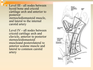  Level III - all nodes between
hyoid bone and cricoid
cartilage arch and anterior to
posterior
sternoclediomastoid muscle,
and lateral to the internal
carotid artery
Level IV - all nodes between
cricoid cartilage arch and
clavicle, anterior to posterior
sternocleidomastoid
muscleand posterolateral to
anterior scalene muscle and
lateral to common carotid
artery
 