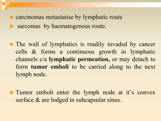  carcinomas metastatise by lymphatic route
 sarcomas by haematogenous route.
 The wall of lymphatics is readily invaded by cancer
cells & forms a continuous growth in lymphatic
channels c/a lymphatic permeation, or may detach to
form tumor emboli to be carried along to the next
lymph node.
 Tumor emboli enter the lymph node at it’s convex
surface & are lodged in subcapsular sinus.
 