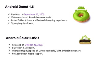 Android Donut 1.6
 Released on September 15, 2009.
 Voice search and Search box were added.
 Faster OS boot times and fast web browsing experience.
 Typing is quite slower.
Android Éclair 2.0/2.1
 Released on October 26, 2009.
 Bluetooth 2.1 support.
 Improved typing speed on virtual keyboard, with smarter dictionary.
 no Adobe flash media support.
 