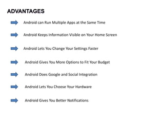 ADVANTAGES
Android can Run Multiple Apps at the Same Time
Android Keeps Information Visible on Your Home Screen
Android Lets You Change Your Settings Faster
Android Gives You More Options to Fit Your Budget
Android Does Google and Social Integration
Android Lets You Choose Your Hardware
Android Gives You Better Notifications
 