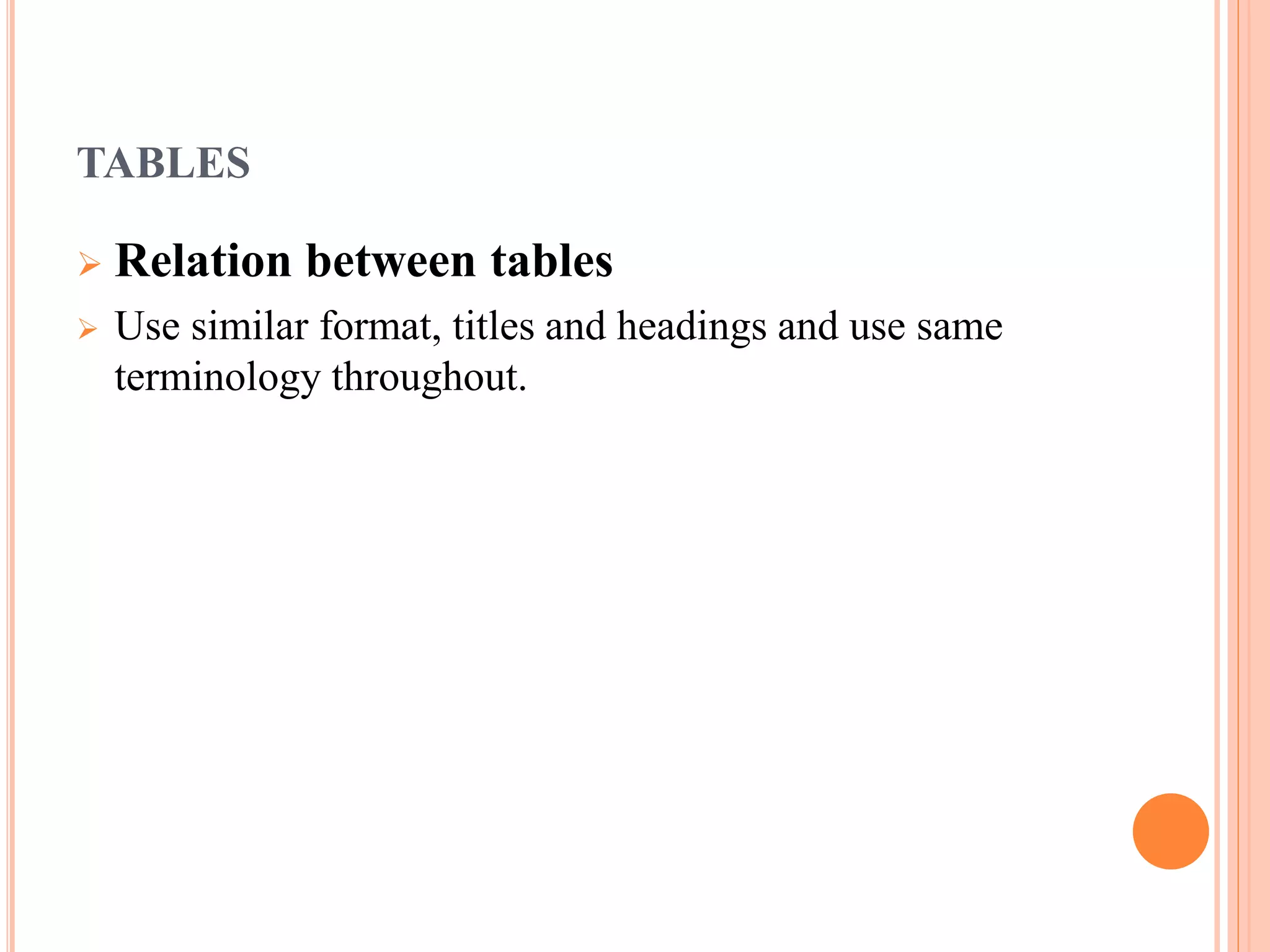 TABLES 
 Relation between tables 
 Use similar format, titles and headings and use same 
terminology throughout. 
 