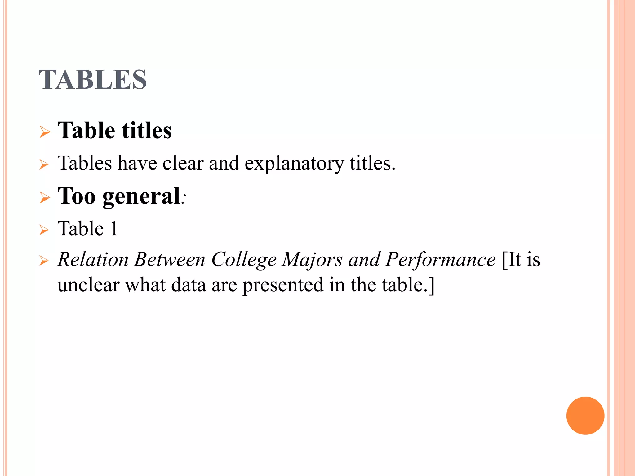 TABLES 
 Table titles 
 Tables have clear and explanatory titles. 
 Too general: 
 Table 1 
 Relation Between College Majors and Performance [It is 
unclear what data are presented in the table.] 
 