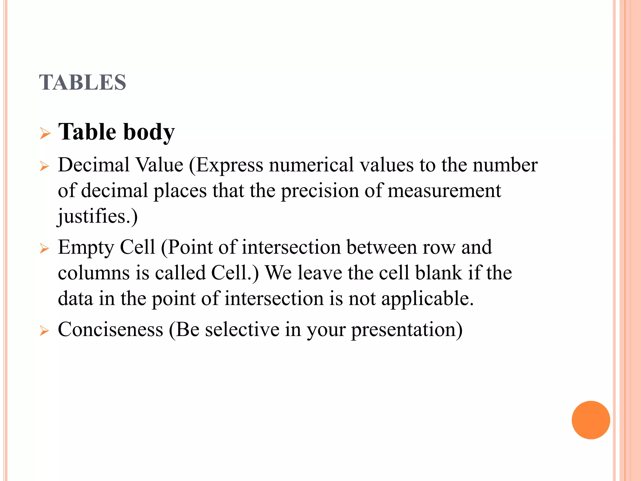 TABLES 
 Table body 
 Decimal Value (Express numerical values to the number 
of decimal places that the precision of measurement 
justifies.) 
 Empty Cell (Point of intersection between row and 
columns is called Cell.) We leave the cell blank if the 
data in the point of intersection is not applicable. 
 Conciseness (Be selective in your presentation) 
 