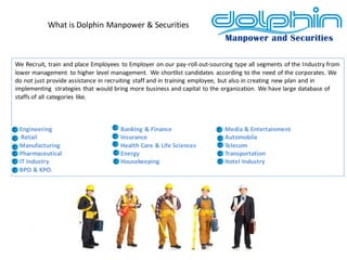 What is Dolphin Manpower & Securities 
We Recruit, train and place Employees to Employer on our pay-roll out-sourcing type all segments of the Industry from lower management to higher level management. We shortlist candidates according to the need of the corporates. We do not just provide assistance in recruiting staff and in training employee, but also in creating new plan and in implementing strategies that would bring more business and capital to the organization. We have large database of staffs of all categories like. 
Engineering Banking & Finance Media & Entertainment Retail Insurance Automobile Manufacturing Health Care & Life Sciences Telecom Pharmaceutical Energy Transportation IT Industry Housekeeping Hotel Industry BPO & KPO.  