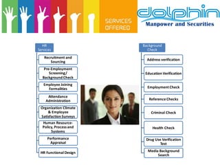 HR Services 
Recruitment and Sourcing 
Pre-Employment Screening/ Background Check 
Employee Joining Formalities Attendance Administration 
Organization Climate & Employee Satisfaction Surveys 
Human Resource- Policy, Process and Systems 
Performance Appraisal 
HR Functional Design 
Background Check 
Address verification 
Education Verification Employment Check 
Reference Checks 
Criminal Check 
Health Check 
Drug Use Verification Test 
Media Background Search  