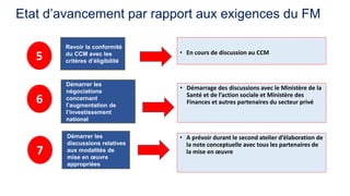 Etat d’avancement par rapport aux exigences du FM
Revoir la conformité
du CCM avec les
critères d’éligibilité
Démarrer les
négociations
concernant
l’augmentation de
l’investissement
national
Démarrer les
discussions relatives
aux modalités de
mise en oeuvre
appropriées
5
6
7
• En cours de discussion au CCM
• Démarrage des discussions avec le Ministère de la
Santé et de l’action sociale et Ministère des
Finances et autres partenaires du secteur privé
• A prévoir durant le second atelier d’élaboration de
la note conceptuelle avec tous les partenaires de
la mise en oeuvre