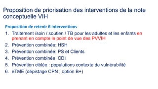 Proposition de priorisation des interventions de la note
conceptuelle VIH
Proposition de retenir 6 interventions
1. Traitement /soin / soutien / TB pour les adultes et les enfants en
prenant en compte le point de vue des PVVIH
2. Prévention combinée: HSH
3. Prévention combinée: PS et Clients
4. Prévention combinée CDI
5. Prévention ciblée : populations contexte de vulnérabilité
6. eTME (dépistage CPN ; option B+)