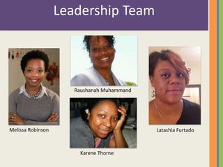 Leadership Team 
Melissa Robinson 
Raushanah Muhammand 
Karene Thorne 
Latashia Furtado 
 