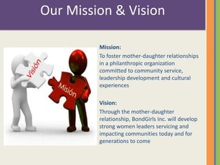Our Mission & Vision 
Mission: 
To foster mother-daughter relationships 
in a philanthropic organization 
committed to community service, 
leadership development and cultural 
experiences 
Vision: 
Through the mother-daughter 
relationship, BondGirls Inc. will develop 
strong women leaders servicing and 
impacting communities today and for 
generations to come 
 