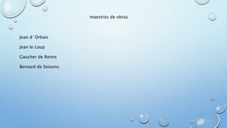 maestros de obras 
Jean d´Orbais 
Jean le Loup 
Gaucher de Reims 
Bernard de Soisons 
 