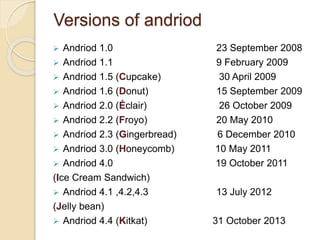 Versions of andriod 
 Andriod 1.0 23 September 2008 
 Andriod 1.1 9 February 2009 
 Andriod 1.5 (Cupcake) 30 April 2009 
 Andriod 1.6 (Donut) 15 September 2009 
 Andriod 2.0 (Éclair) 26 October 2009 
 Andriod 2.2 (Froyo) 20 May 2010 
 Andriod 2.3 (Gingerbread) 6 December 2010 
 Andriod 3.0 (Honeycomb) 10 May 2011 
 Andriod 4.0 19 October 2011 
(Ice Cream Sandwich) 
 Andriod 4.1 ,4.2,4.3 13 July 2012 
(Jelly bean) 
 Andriod 4.4 (Kitkat) 31 October 2013 
 