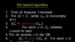 The Apriori algorithm 
1. Find all frequent 1-itemsets 
2. For (k = 2 ; while Lk -1 is non-empty; 
k ++) 
3. {Ck = apriori-gen(Lk -1) 
4. For each c in Ck, initialise 
c .count to zero 
5. For all records r in the DB 
6. {Cr = subset(Ck, r ); For each c in 
Cr , c.count ++ } 
 
