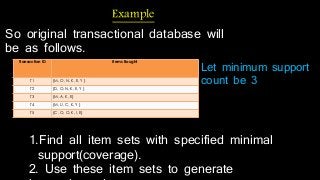 Example 
So original transactional database will 
be as follows. 
Transaction ID Items Bought 
T1 {M, O, N, K, E, Y } 
T2 {D, O, N, K, E, Y } 
T3 {M, A, K, E} 
T4 {M, U, C, K, Y } 
T5 {C, O, O, K, I, E} 
Let minimum support 
count be 3 
1.Find all item sets with specified minimal 
support(coverage). 
2. Use these item sets to generate 
interesting rules. 
 