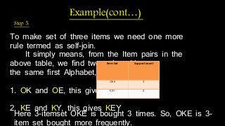 Example(cont…) 
Step 5: 
To make set of three items we need one more 
rule termed as self-join. 
It simply means, from the Item pairs in the 
above table, we find two pairs with 
the same first Alphabet, so we get 
1. OK and OE, this gives OKE 
2. KE and KY, this gives KEY 
Item Set Support count 
OKE 3 
KEY 2 
Here 3-itemset OKE is bought 3 times. So, OKE is 3- 
item set bought more frequently. 
 