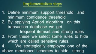 Terminology 
Data mining: 
Generally, data mining (sometimes called data or 
knowledge discovery) is the process of analyzing data 
from different perspectives and summarizing it into useful 
information. 
Data: Data are any facts, numbers, or text that can be 
processed by a computer. 
Association rule: 
Association rules are if/then statements that help uncover 
relationships between data in a transactional database. 
 