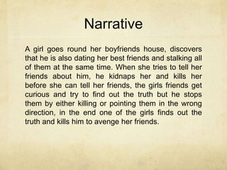 Narrative 
A girl goes round her boyfriends house, discovers 
that he is also dating her best friends and stalking all 
of them at the same time. When she tries to tell her 
friends about him, he kidnaps her and kills her 
before she can tell her friends, the girls friends get 
curious and try to find out the truth but he stops 
them by either killing or pointing them in the wrong 
direction, in the end one of the girls finds out the 
truth and kills him to avenge her friends. 
 