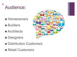 + 
Audience: 
 Homeowners 
 Builders 
 Architects 
 Designers 
 Distribution Customers 
 Retail Customers 
 