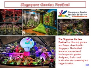 The Singapore Garden 
Festival is a biennial garden 
and flower show held in 
Singapore. The festival 
features international 
landscape and garden 
designers, florists and 
horticulturists convening in a 
single location. 
clip 
 