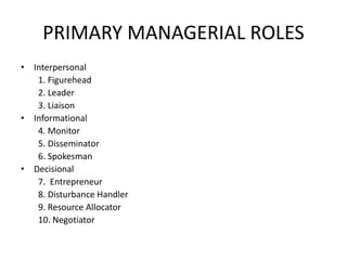 PRIMARY MANAGERIAL ROLES
• Interpersonal
1. Figurehead
2. Leader
3. Liaison
• Informational
4. Monitor
5. Disseminator
6. Spokesman
• Decisional
7. Entrepreneur
8. Disturbance Handler
9. Resource Allocator
10. Negotiator
 