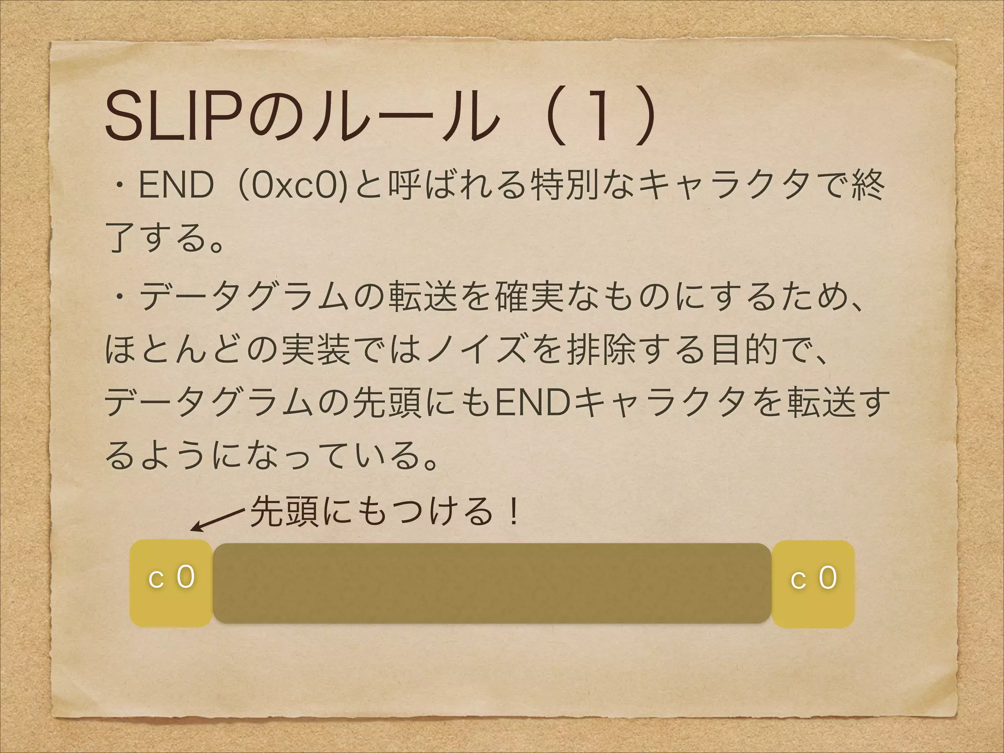 SLIPのルール（１）
・END（0xc0)と呼ばれる特別なキャラクタで終
了する。
・データグラムの転送を確実なものにするため、
ほとんどの実装ではノイズを排除する目的で、
データグラムの先頭にもENDキャラクタを転送す
るようになっている。
    
ｃ０ ｃ０
先頭にもつける！
 