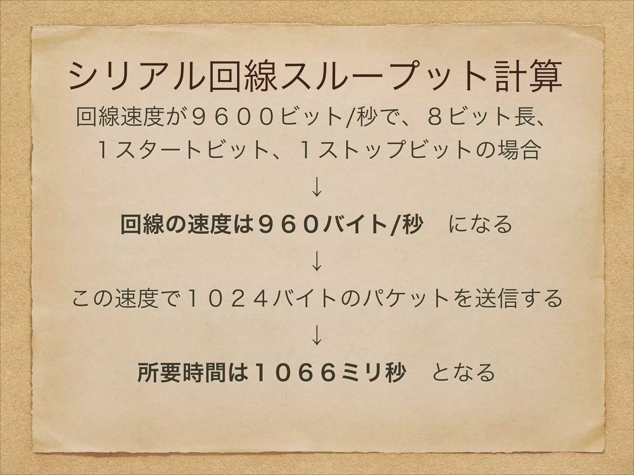 シリアル回線スループット計算
回線速度が９６００ビット/秒で、８ビット長、
１スタートビット、１ストップビットの場合
↓
回線の速度は９６０バイト/秒 になる
↓
この速度で１０２４バイトのパケットを送信する
↓
所要時間は１０６６ミリ秒 となる
 