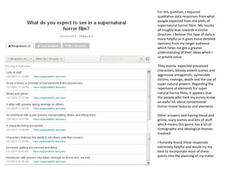 For this question, I required
qualitative data responses from what
people expected from the plots of
supernatural horror films. My results
all roughly lean towards a similar
direction. I believe this type of data is
more helpful as it gives more detailed
opinions from my target audience
which helps me get a greater
understanding of their ideas which I
so greatly value.
They mainly expected possessed
characters, bloody violent scenes and
aggressive antagonists, vulnerable
victims, revenge, death and the use of
super natural powers. Regarding the
repertoire of elements for super
natural horror films, it appears that
the people who took my survey know
an awful lot about conventional
horror movie features and elements.
Other answers said having blood and
grime, scary scenes and lots of stuff
which means this genre has a lot of
iconography and ideological themes
involved.
I honestly found these responses
extremely helpful and would try my
best to incorporate most of these
points into the planning of my trailer.
 