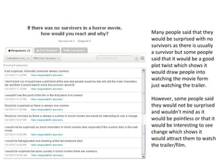 Many people said that they
would be surprised with no
survivors as there is usually
a survivor but some people
said that it would be a good
plot twist which shows it
would draw people into
watching the movie form
just watching the trailer.
However, some people said
they would not be surprised
and wouldn’t mind as it
would be pointless or that it
would be interesting to see
change which shows it
would attract them to watch
the trailer/film.
 