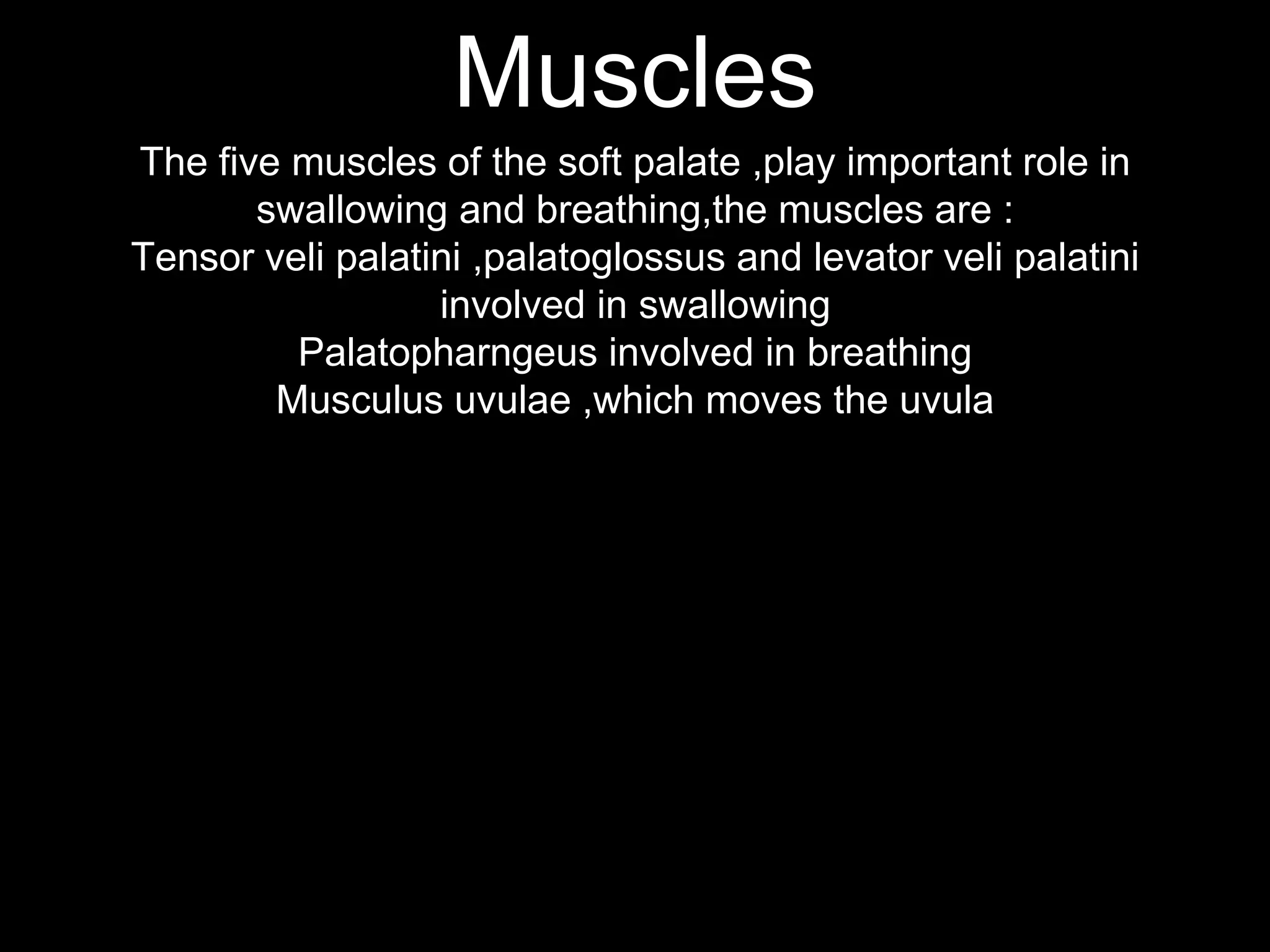 Muscles
The five muscles of the soft palate ,play important role in
swallowing and breathing,the muscles are :
Tensor veli palatini ,palatoglossus and levator veli palatini
involved in swallowing
Palatopharngeus involved in breathing
Musculus uvulae ,which moves the uvula
 