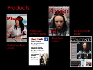 Products:
Preliminary front
cover
Preliminary
contents page
Final front
cover
Final contents
page
 