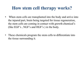 How stem cell therapy works?
• When stem cells are transplanted into the body and arrive into
the injured part, brain being targeted for tissue regeneration,
the stem cells are coming in contact with growth chemical’s
(like EGF’s , NGF’s and HGF’s ) in the body.
• These chemicals program the stem cells to differentiate into
the tissue surrounding it.
 