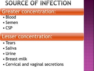 Greater concentration:
• Blood
• Semen
• CSP
Lesser concentration:
• Tears
• Saliva
• Urine
• Breast-milk
• Cervical and vaginal secretions
 