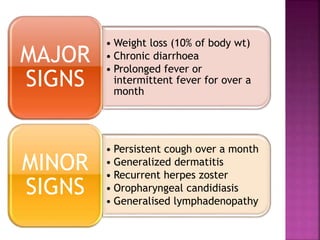 • Weight loss (10% of body wt)
• Chronic diarrhoea
• Prolonged fever or
intermittent fever for over a
month
MAJOR
SIGNS
• Persistent cough over a month
• Generalized dermatitis
• Recurrent herpes zoster
• Oropharyngeal candidiasis
• Generalised lymphadenopathy
MINOR
SIGNS
 