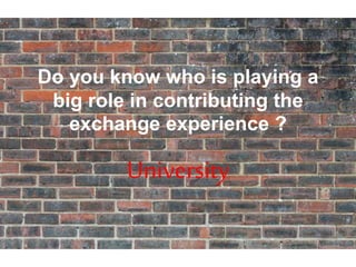 Do you know who is playing a
big role in contributing the
exchange experience ?
University
 