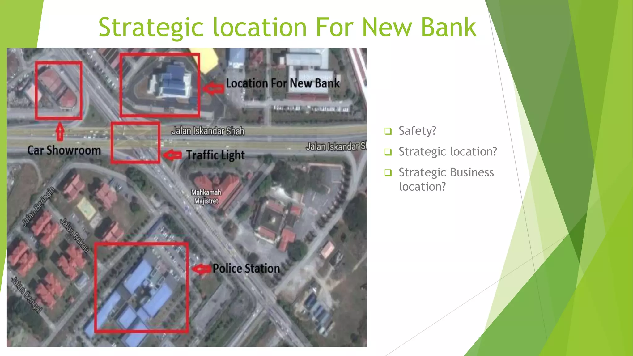 Strategic location For New Bank
 Safety?
 Strategic location?
 Strategic Business
location?
 