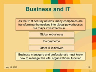 Business and IT
Global e-business
E-commerce
As the 21st century unfolds, many companies are
transforming themselves into global powerhouses
via major investments in…
Other IT initiatives
Business managers and professionals must know
how to manage this vital organizational function
May 16, 2015 17
 