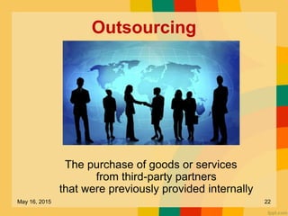Outsourcing
The purchase of goods or services
from third-party partners
that were previously provided internally
May 16, 2015 22
 