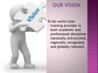 To be world class
training provider in
both academic and
professional discipline-
nationally entrenched,
regionally recognized
and globally relevant.
 