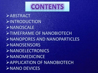 ABSTRACT
INTRODUCTION
NANOSCALE
TIMEFRAME OF NANOBIOTECH
NANOPORES AND NANOPARTICLES
NANOSENSORS
NANOELECTRONICS
NANOMEDICINCE
APPLICATION OF NANOBIOTECH
NANO DEVICES
 