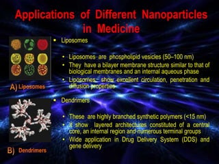 Applications of Different Nanoparticles
in Medicine
 Liposomes
• Liposomes are phospholipid vesicles (50–100 nm)
• They have a bilayer membrane structure similar to that of
biological membranes and an internal aqueous phase
• Liposomes show excellent circulation, penetration and
diffusion properties
 Dendrimers
• These are highly branched synthetic polymers (<15 nm)
• It show layered architectures constituted of a central
core, an internal region and numerous terminal groups
• Wide application in Drug Delivery System (DDS) and
gene delivery
Liposomes
Dendrimers
 
