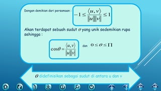 Dengan demikian dari persamaan :
Akan terdapat sebuah sudut yang unik sedemikian rupa
sehingga :
dan
1
,
1 
vu
vu

vu
vu,
cos 
0
didefinisikan sebagai sudut di antara u dan v
 
